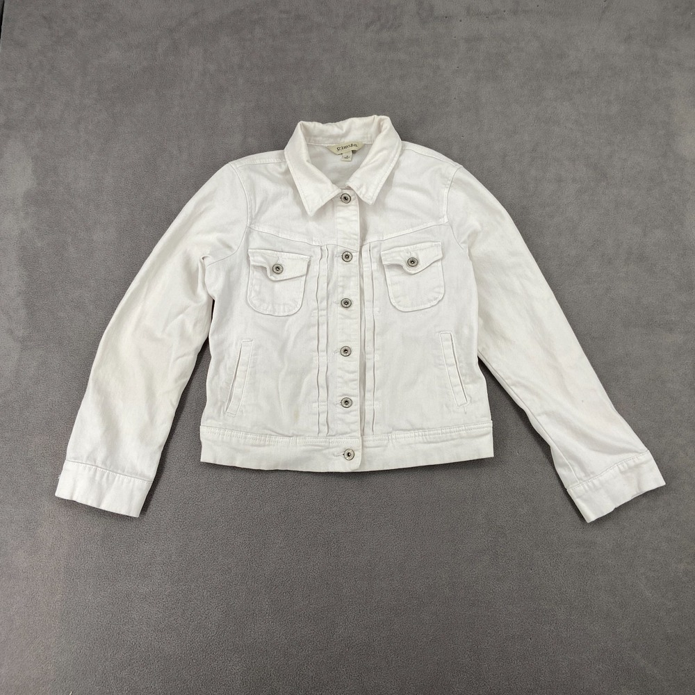 St Johns Bay Trucker Jacket Women Medium White Denim Cotton Stretch Button Front